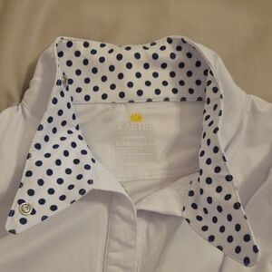Men's White Shirt with Blue Polka Dot Accents